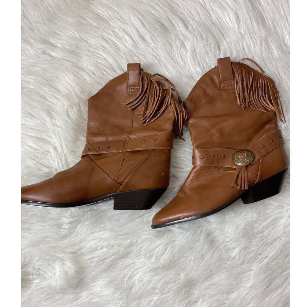 Craft Brown‎ Leather Boots Western Rocker fringe concho strap 6.5